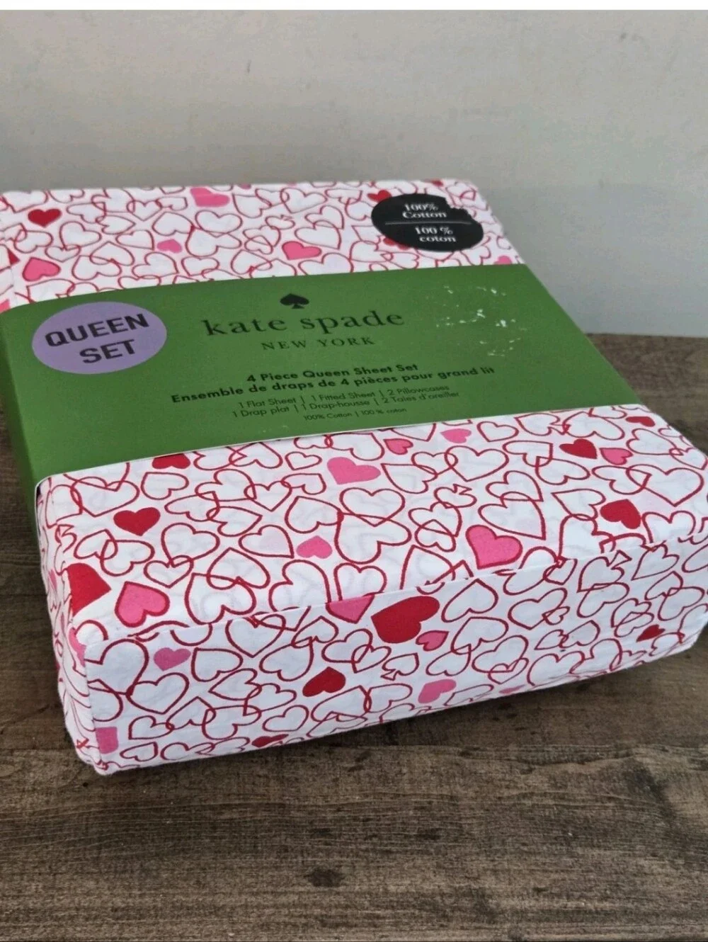 Kate Spade Queen Sheet Set Pink Red Outline Heart 3 Pc Cotton Love Valentine Day
